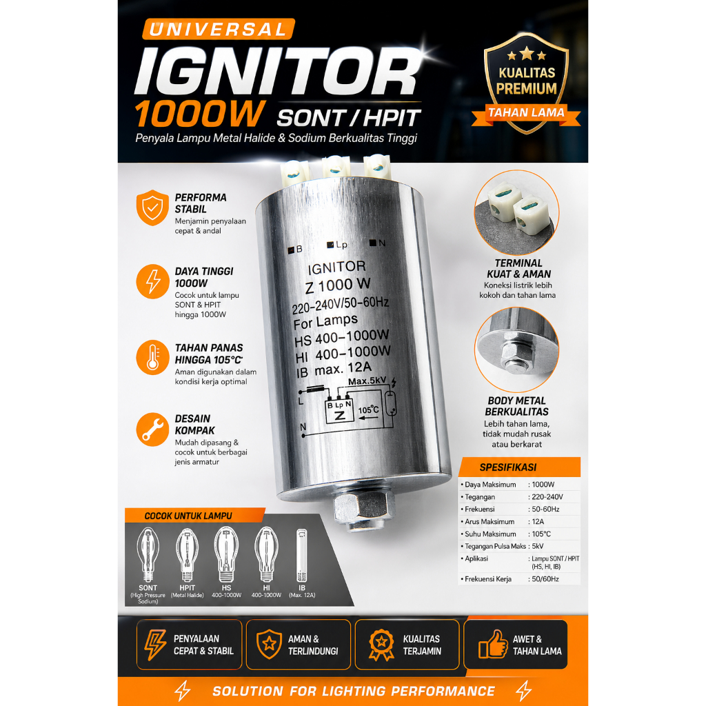 Ignitor Universal Z 1000 W Casing Metal untuk Lampu Sorot PJU SON-T HPI-T 400W - 1000 Watt