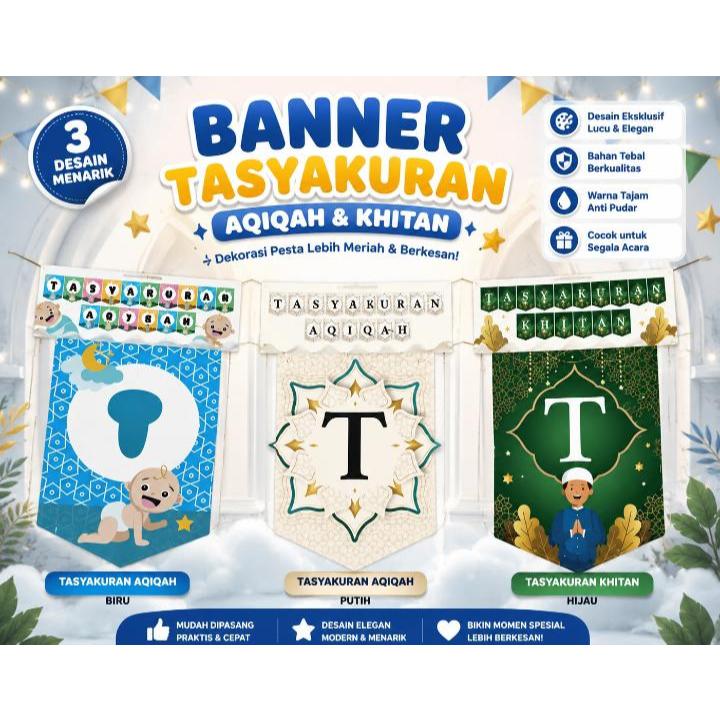 (Sunparty) Banner Khitan & Aqiqah 3 Pilihan Desain – Hiasan Tasyakuran Lengkap Tali Pita