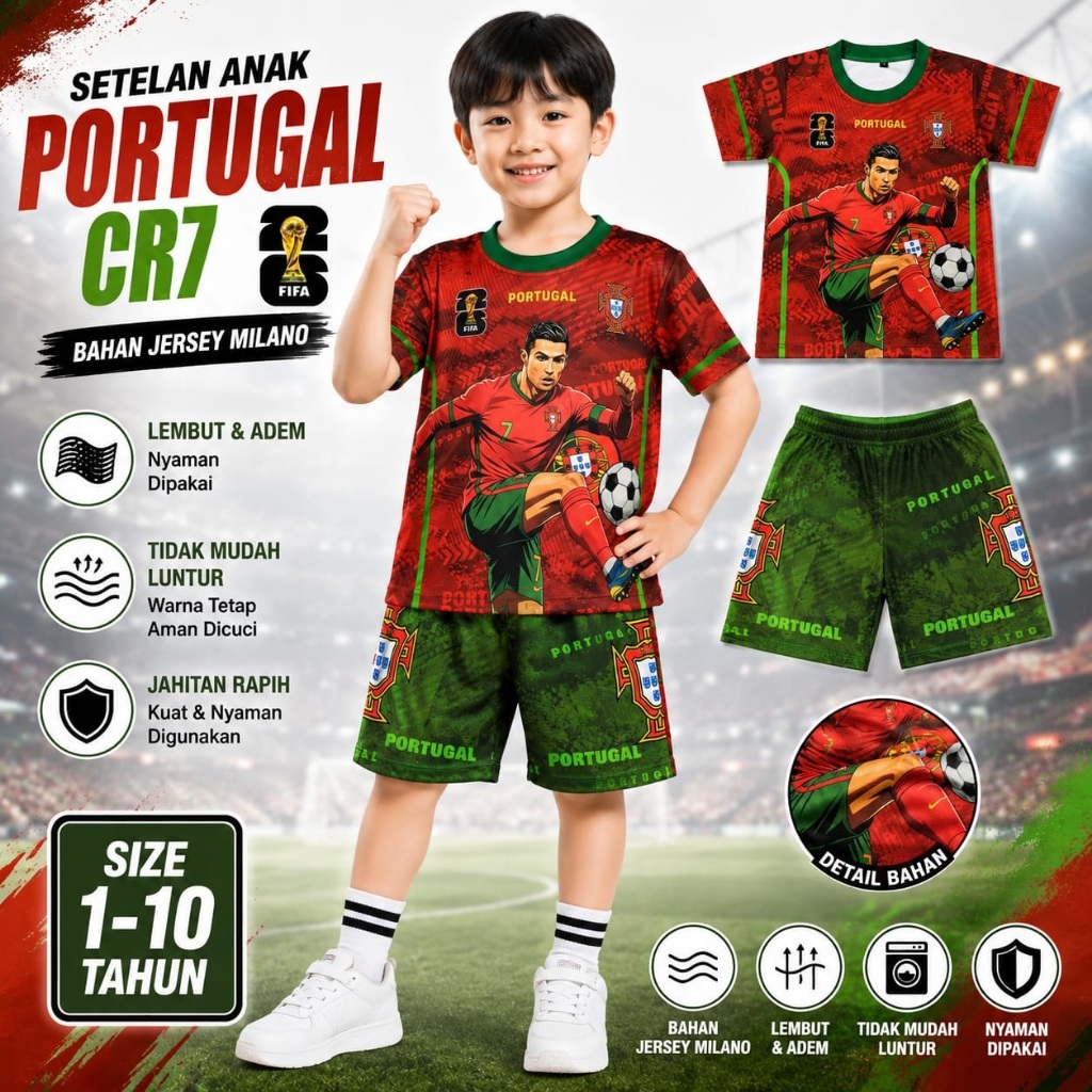 Setelan Bola Anak Portugal Ronaldo CR7 Jersey Kids Kaos Celana Anak Laki-Laki Premium