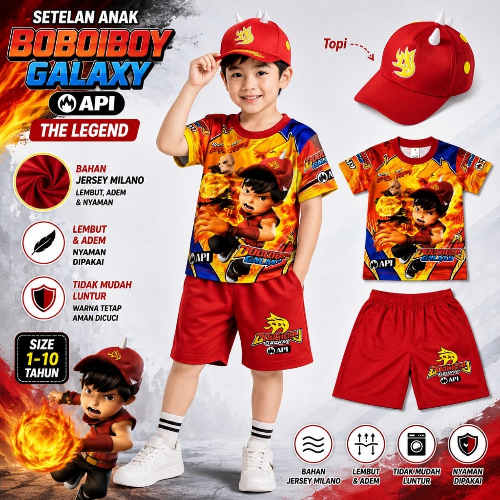 Baju Anak Boboiboy Api Setelan Kaos Celana + Topi Tanduk Karakter Anak Cowok Kekinian