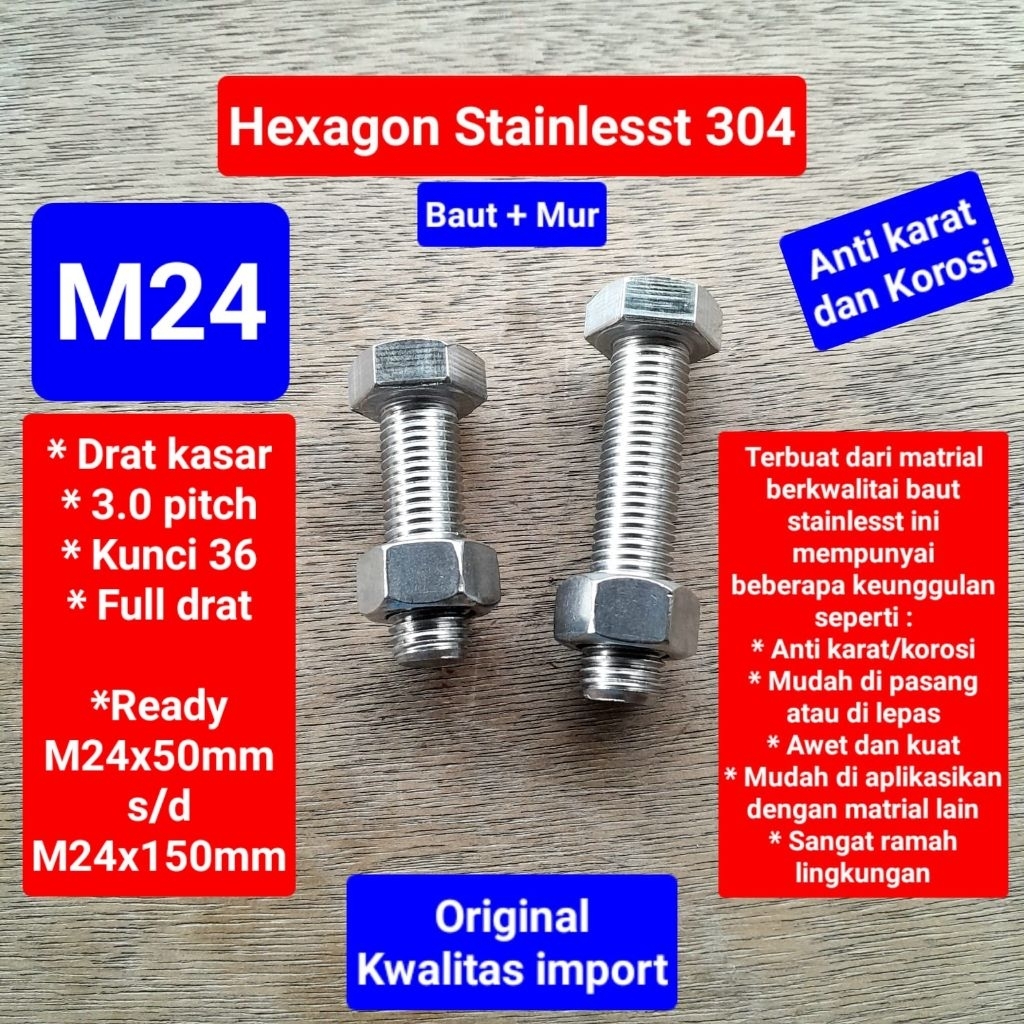 Baut hexagon stainlesst 304 M24 | baut hex stainlesst 304 M24 | baut stainlesst M24x50 s/d M24x150mm