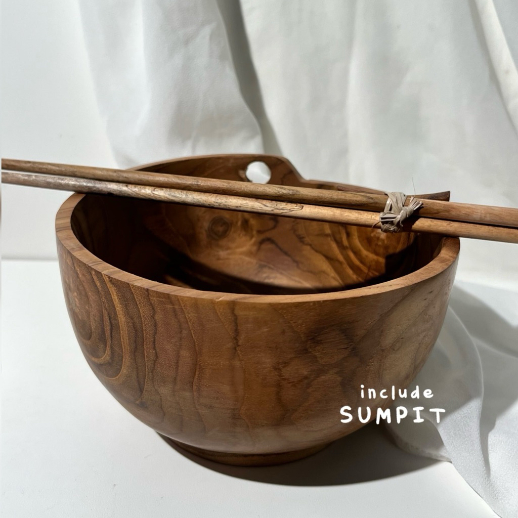 Bowl Kayu Natural + Sendok | Mangkuk Kayu Aesthetic Minimalis Premium