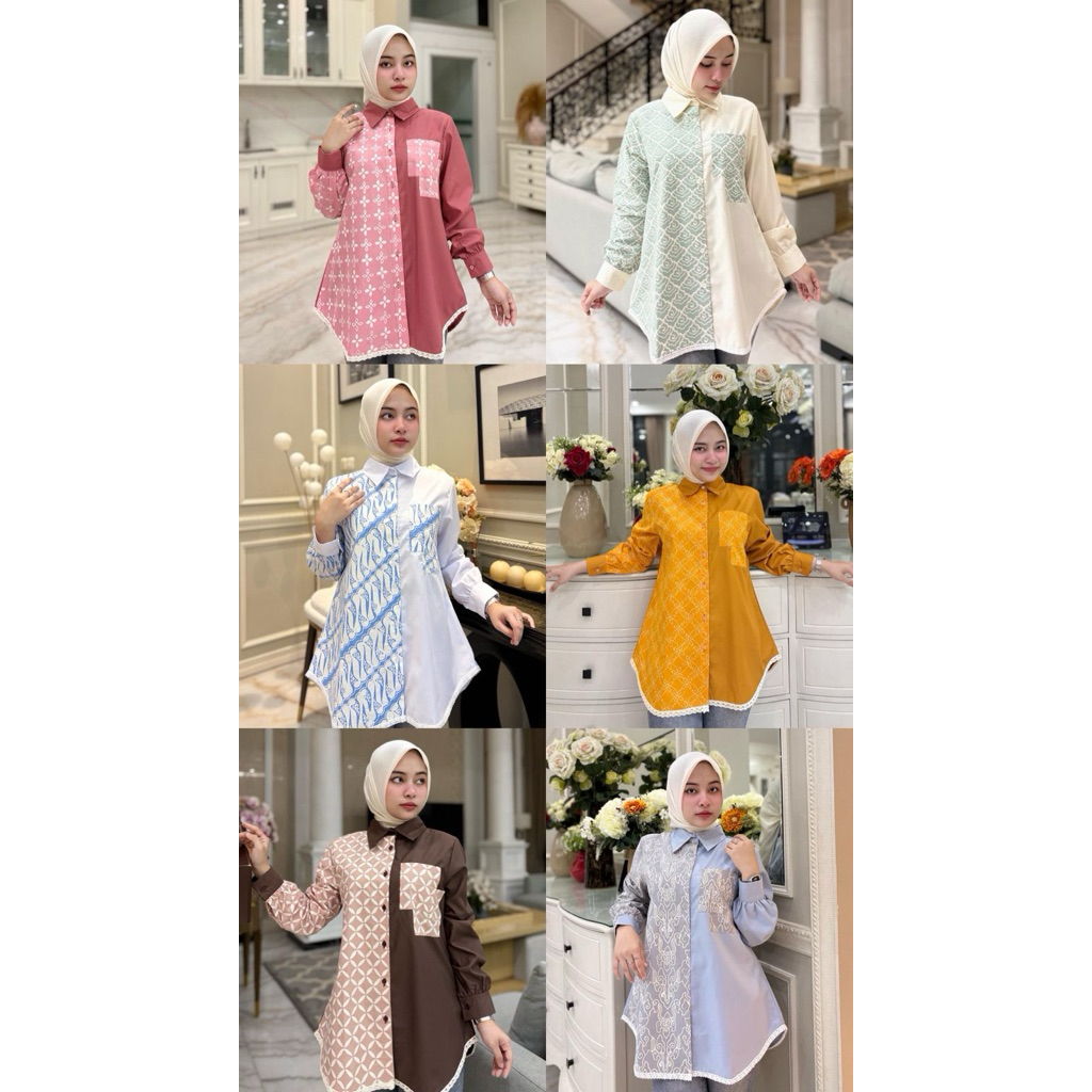 Kemeja katun ima tuyobo mix batik garutan  Ada saku dada kiri Batik lapis trikot Kancing depan full 