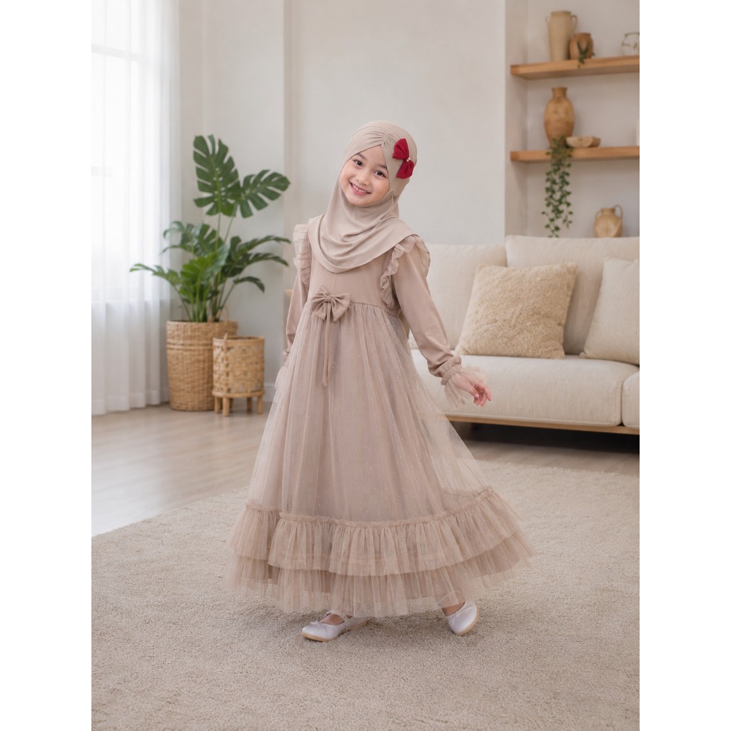Gamis Anak Perempuan Syar'i Amelia Dress Kids Bahan Manggo Crepe + Tile Size Fit To L Untuk Usia 6-8