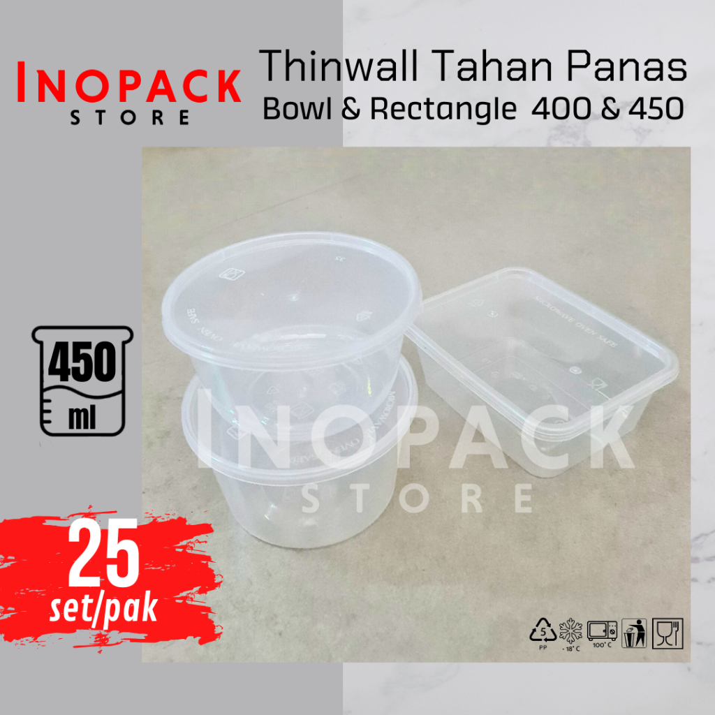 25set- Thinwall 400ml & 450ml wadah plastik RECTANGLE & BOWL REC 400 mangkok kotak persegi tahan pan