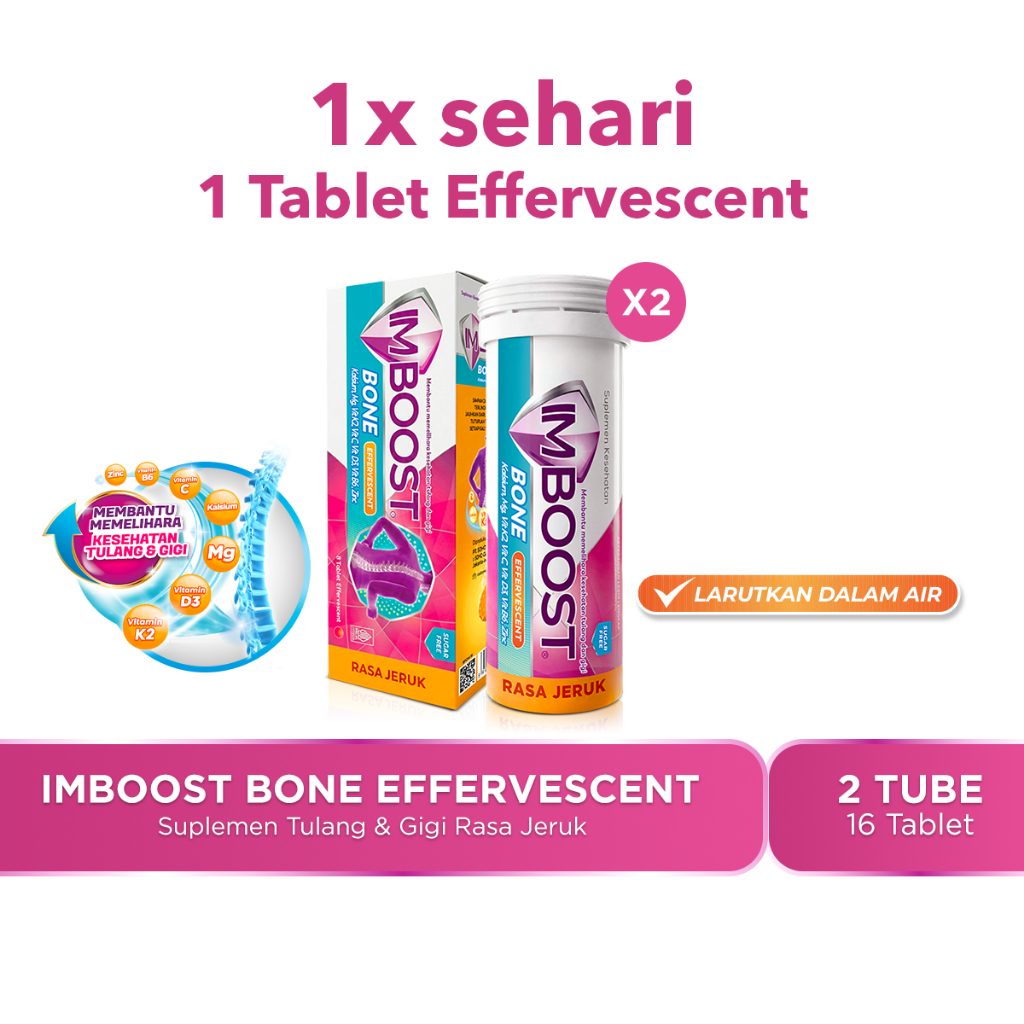 Imboost Bone Effervescent Suplemen Tulang dan Gigi Rasa Jeruk @8 Tablet Paket Isi 2