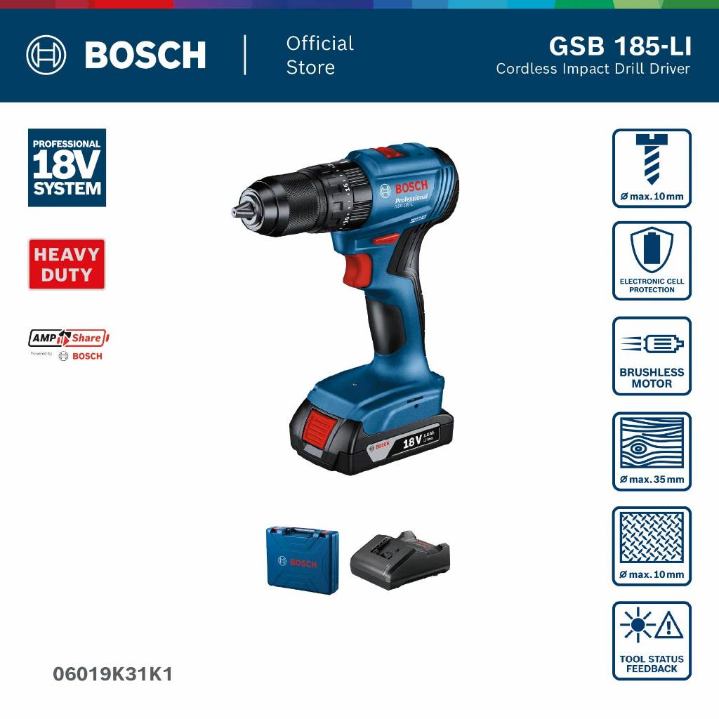 BOSCH PRO Mesin Bor Impact Baterai - Impact Drill Cordless 18V GSB 185-LI | Bor Tanpa Kabel untuk Ka