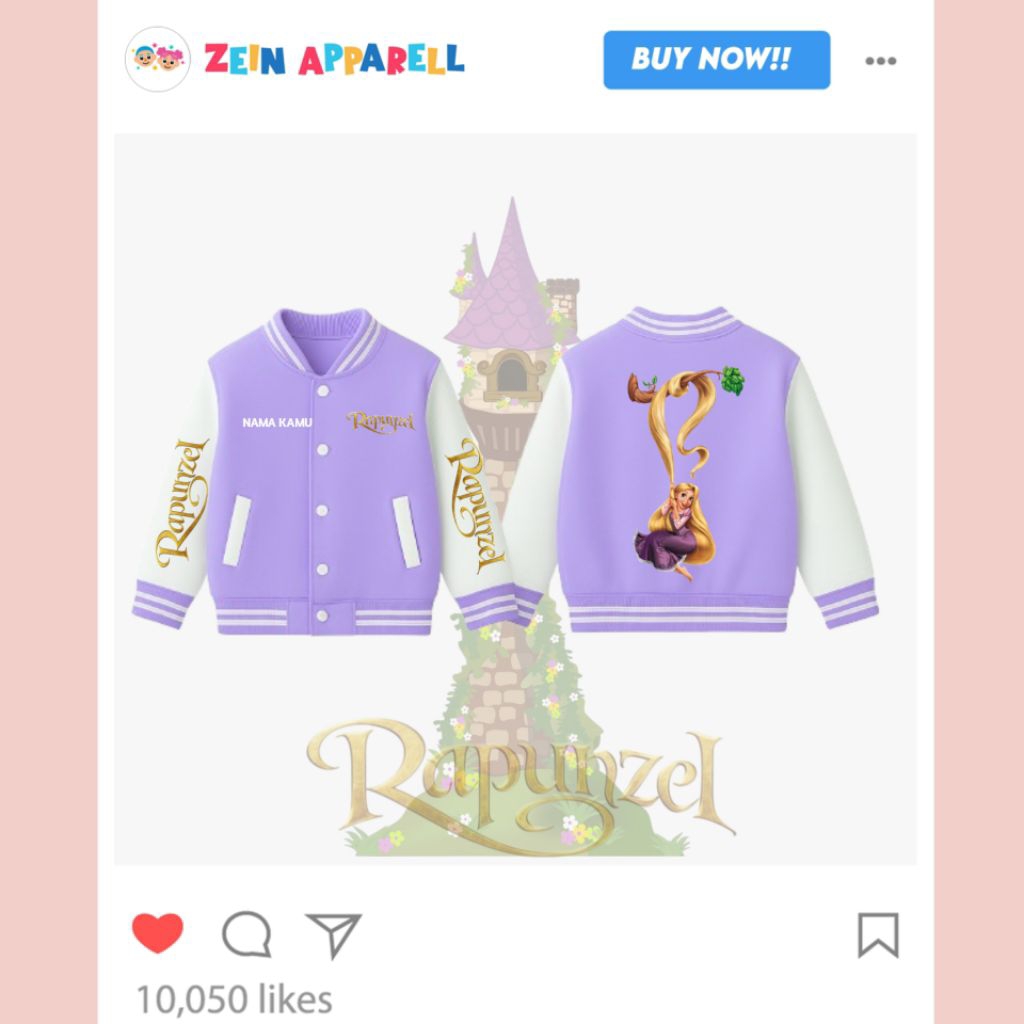Jaket VARSITY Rapunzel Anak Perempuan Warna Ungu | Varsity Baseball Anak Princess Cute Lembut
