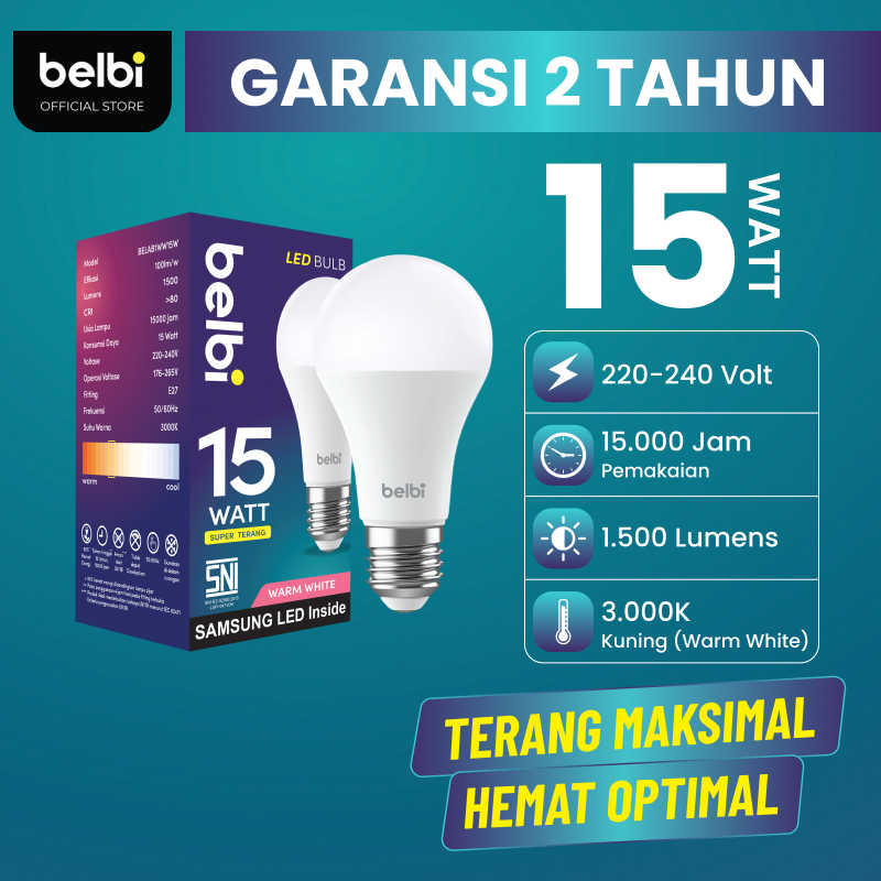 Belbi Bohlam Lampu LED A60 Kuning 15 Watt Garansi 2 Tahun Cahaya Kuning Warm White 3000K
