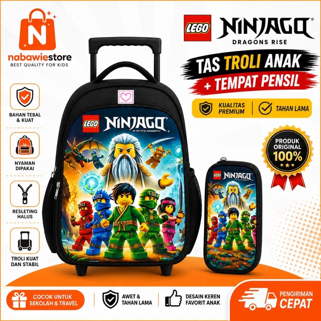 Tas Troli Anak SD LEGO Ninjago Original Import + Tempat Pensil | Tas Sekolah Trolley Anak Laki-Laki 
