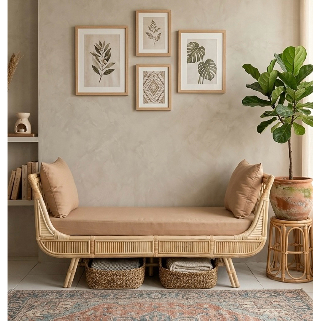 PROMO KURSI SOFA BENCH ROTAN ALAMI PANJANG 3 SEATER 150CM DENGAN BANTAL SOFA /SOFA SANTAI TANPA SAND