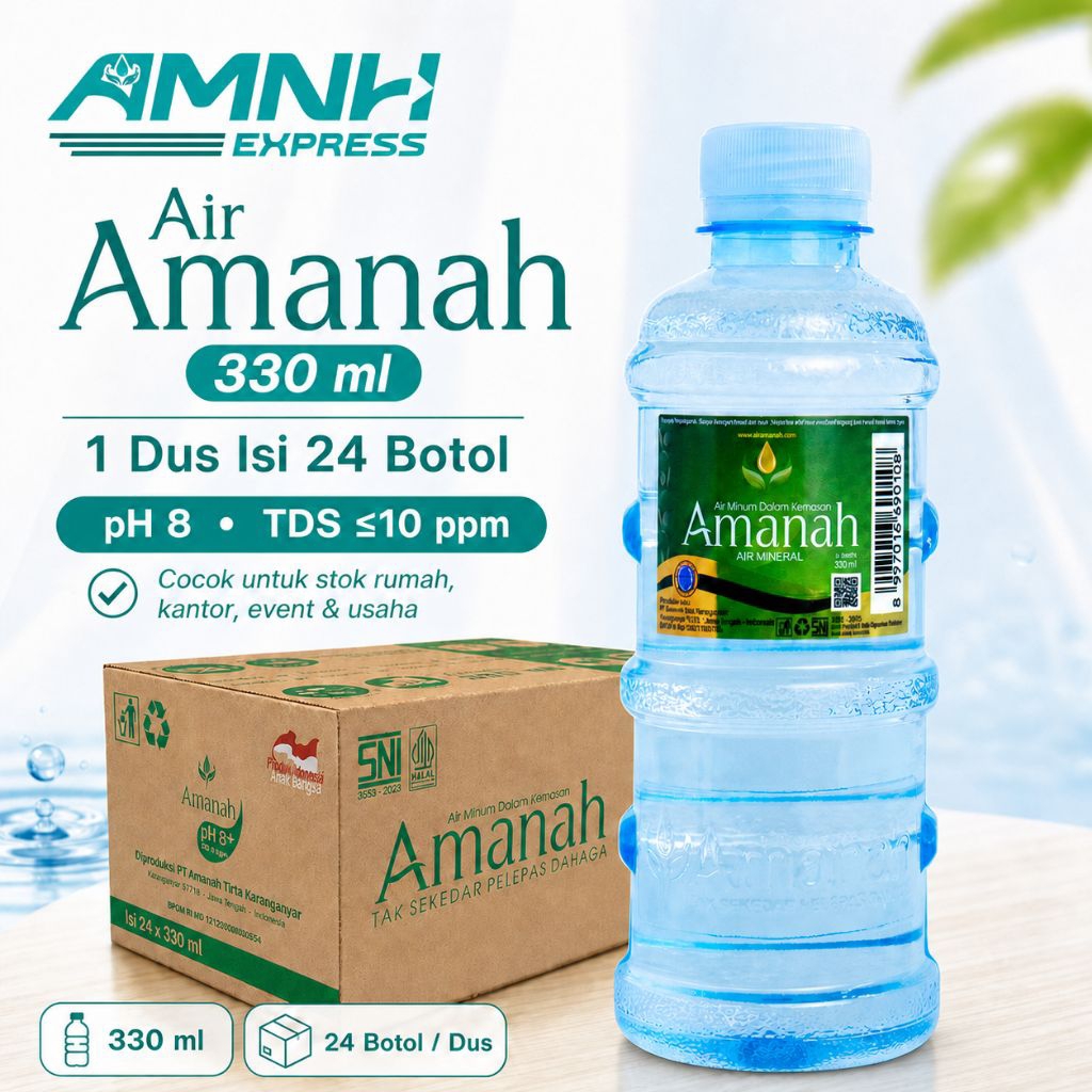 Air Amanah 330ml 1 Dus Isi 24 Botol Air Mineral pH 8 TDS Rendah AMDK untuk Rumah Kantor Event