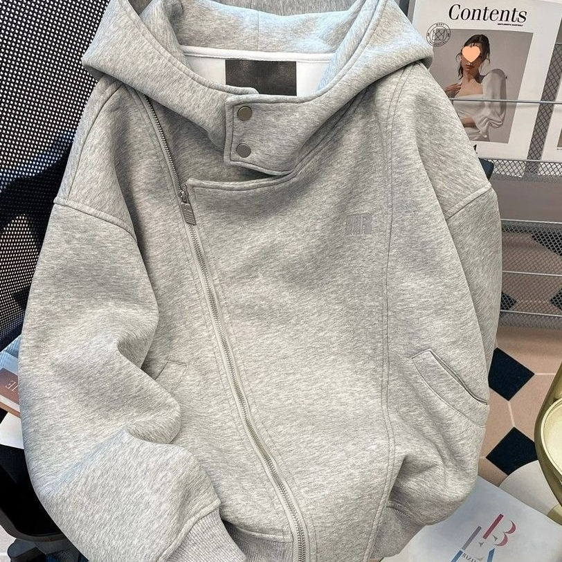 Sweatshirt abu-abu pria oversize Jaket Fleece Berkerudung Santai