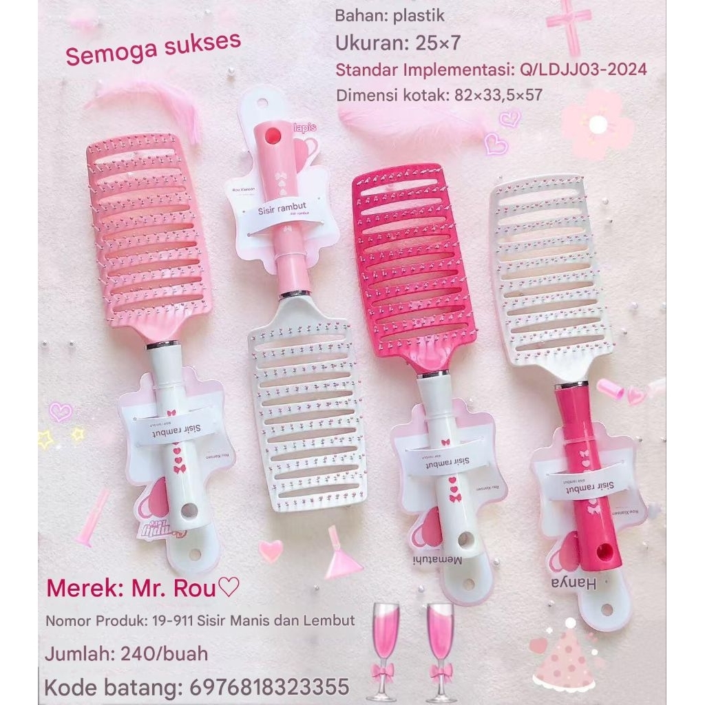DELUNASHOP Sisir tulang rusuk berbulu merah muda sakura, sisir tulang rusuk tengkorak tinggi, sisir 