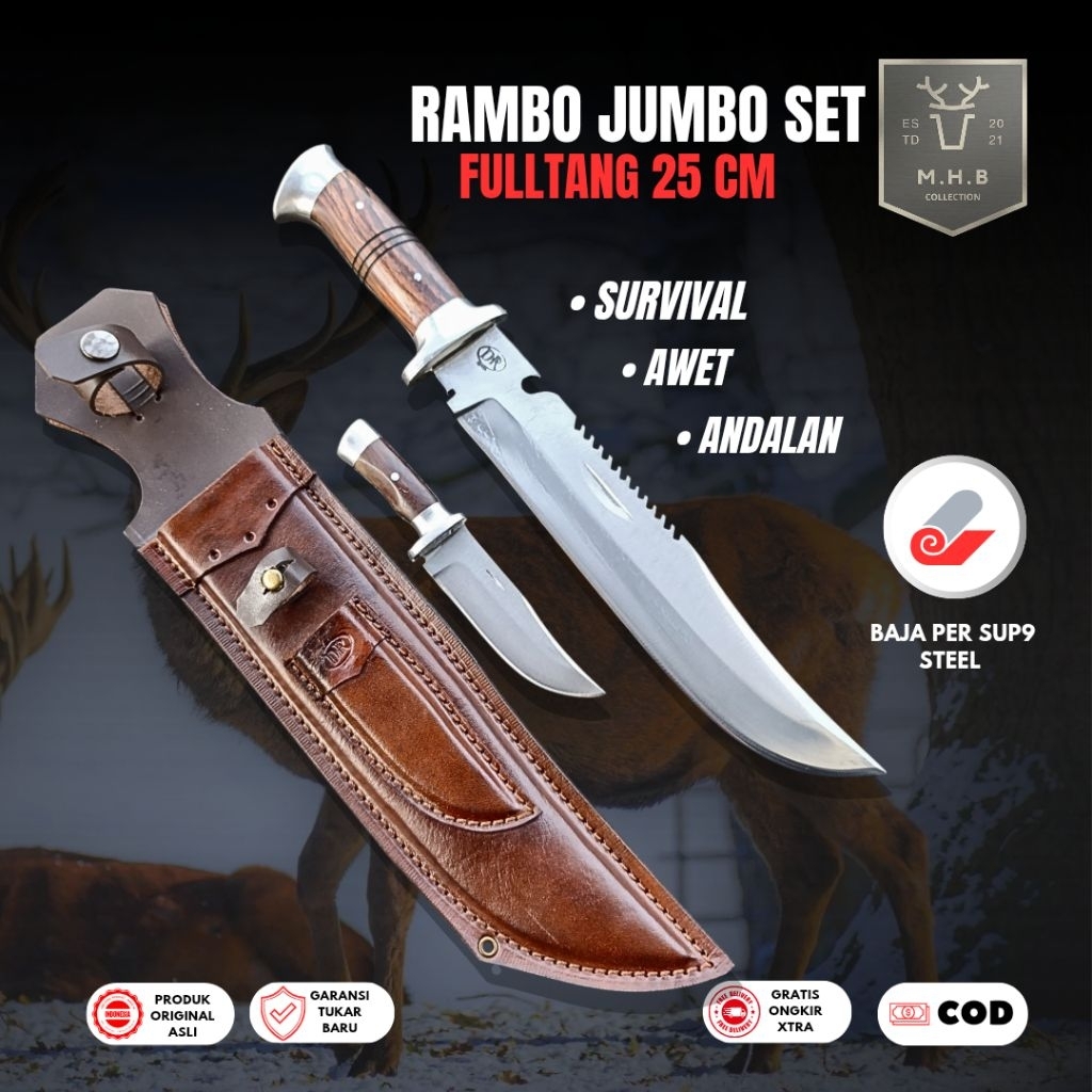 MHB | Pisau Bushcraft Survival Rambo Besar Fulltang Set Sepaket - Pisau Skinner Bushcraft Survival M