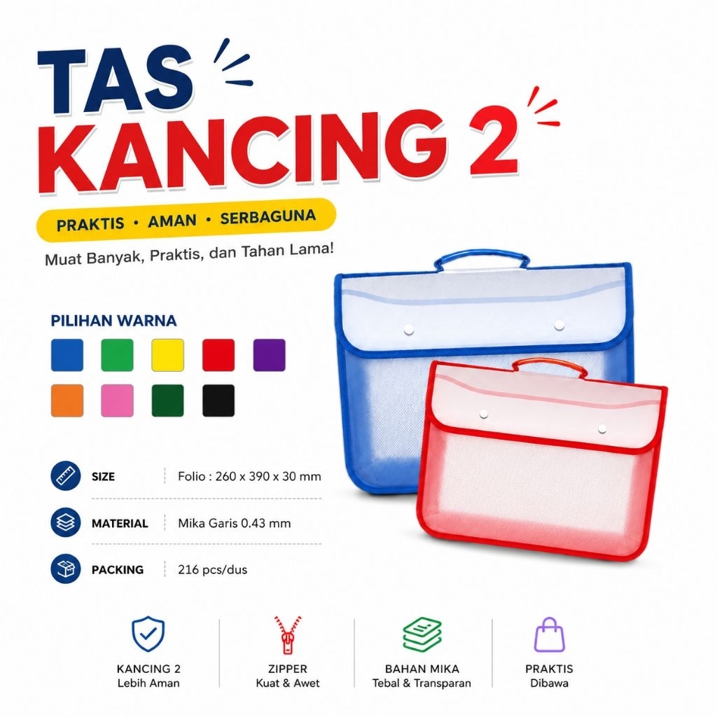 Map Plastik Zipper Bag Folio JENIA Ukuran Folio F4 Kancing Dua, Jaring Warna, Tahan Air & Kapasitas 