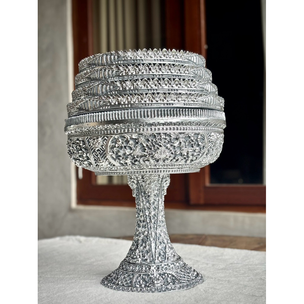 Dulang Genitri Fiber 32 cm Susun 4 Motif Daun Manggis Abu Silver