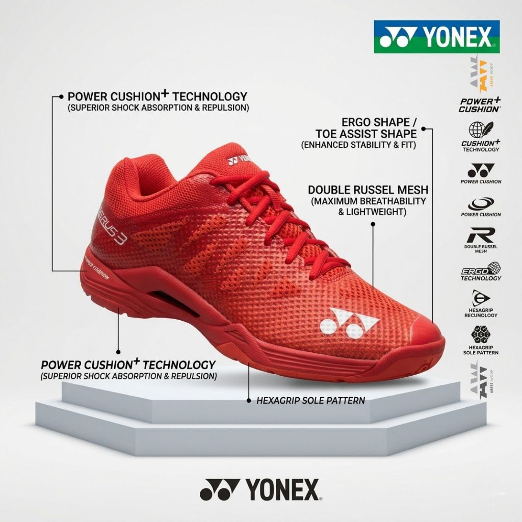 AERUS 3 Sepatu Badminton Yonex Merah Teknologi Power Cushion+, Ringan, Double Russel Mesh