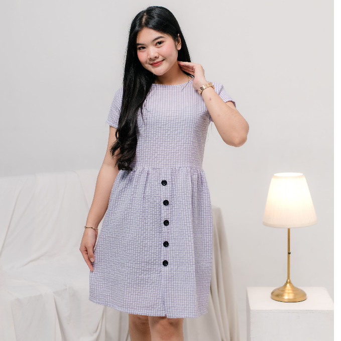 gaun dress tunik korean style motif kotak-kotak | dres tunik crincle kasual