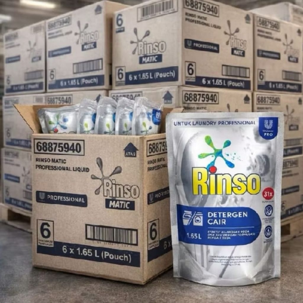 [1 DUS] Deterjen Cair Rinso Matic Isi 6 Pcs 1,65 Liter