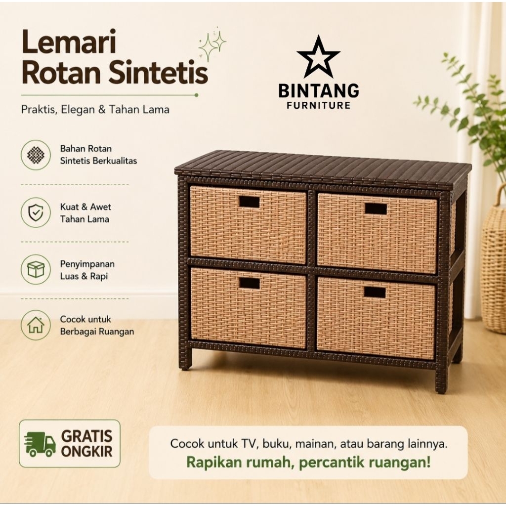 Lemari Rotan Sintesis 4 Laci Lemari Plastik Meja Tv Minimalis Rak Susun Serbaguna Murah