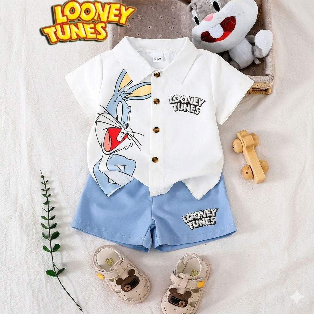 Setelan Anak Laki Laki Looney Tunes Bugs Bunny | Baju Anak Cowok kemeja Kerah Celana Pendek 1-5thn