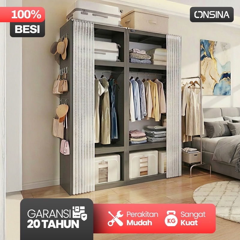 ONSINA Lemari Pakaian Besi Tirai Gorden Gantungan Lemari Baju Besi Tirai Geser Storage Rack Wardrobe