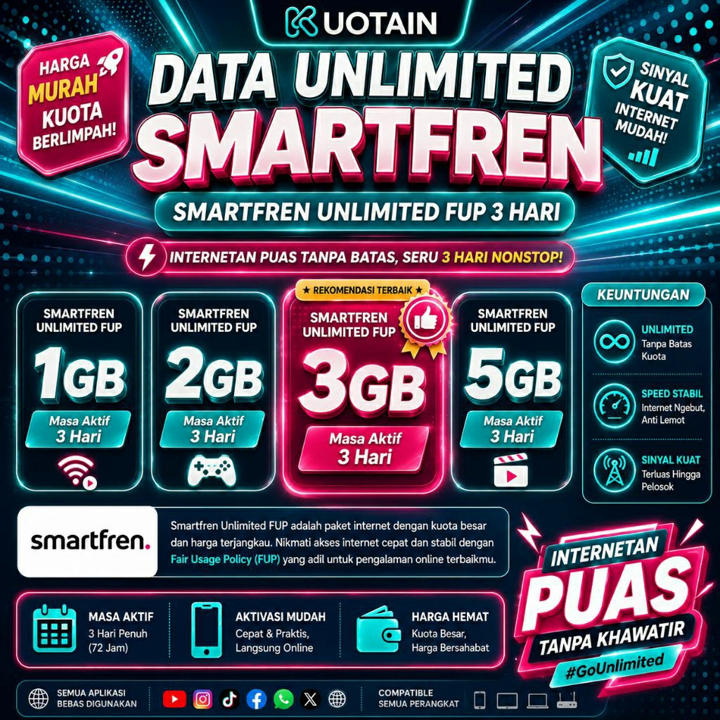 Smartfren Unlimited 3 Hari FUP | Kuota Unlimited Smartfren 1GB 2GB 3GB 5GB | Data Nonstop All Aplika