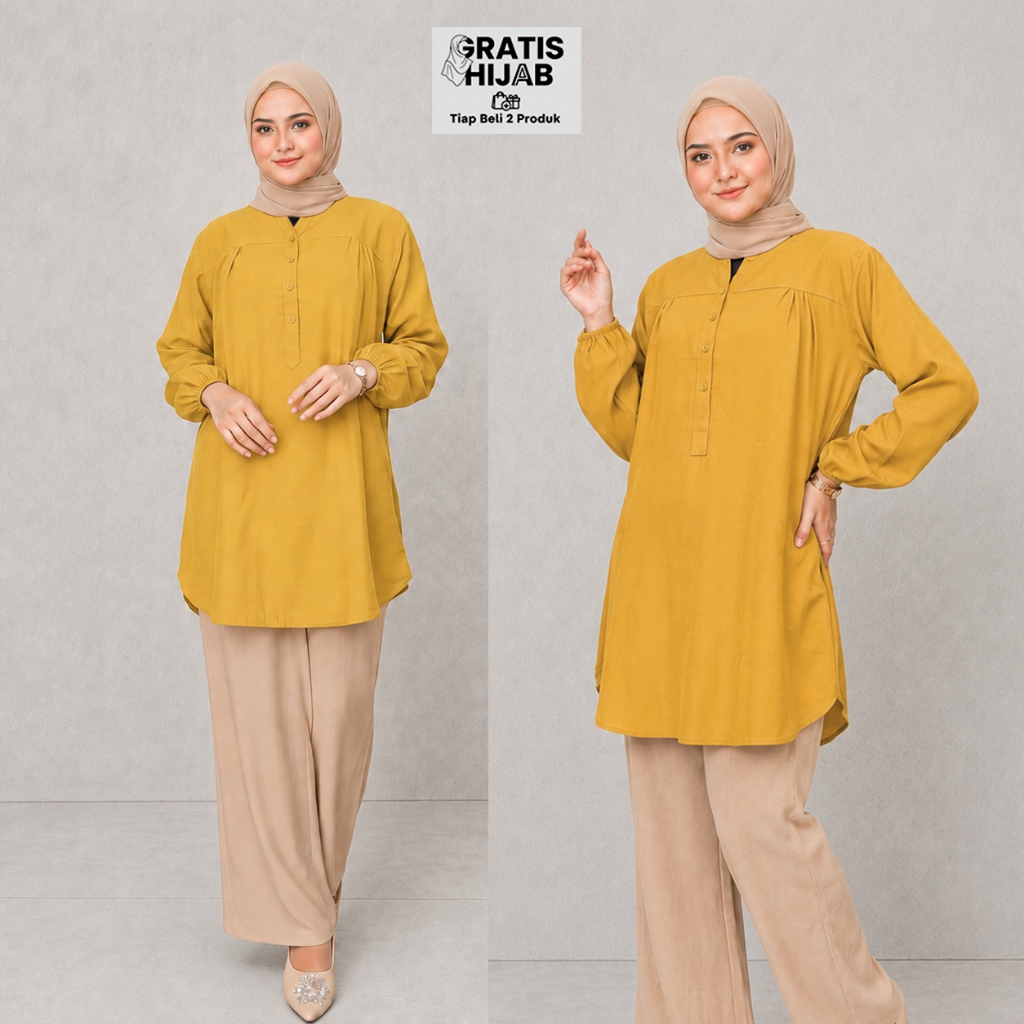 Baju Atasan Wanita Terbaru Casual Warna kuning Kunyit Mustard Kekinian Blouse Kemeja Viscose Premium
