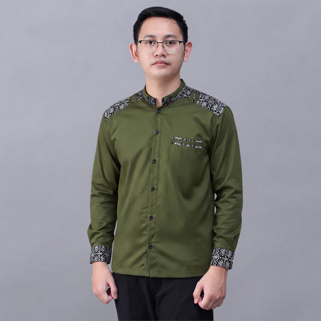 Baju Koko Pria Elrumi Lengan Panjang Motif Adibat Warna Hijau Armi