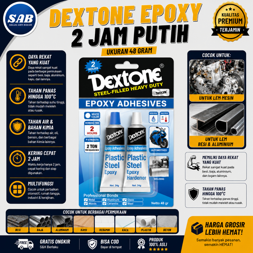 Lem Epoxy Dextone Putih 2 Jam 48gr - Lem Besi Plastic Steel Adhesives Super Kuat Tahan Panas Serbagu