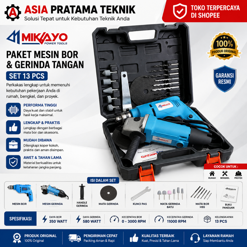 MIKAYO Mesin Gerinda Tangan dan Mesin Bor Listrik 10mm Set Paket Bor Gerinda Free Koper MAKITA MAKTE