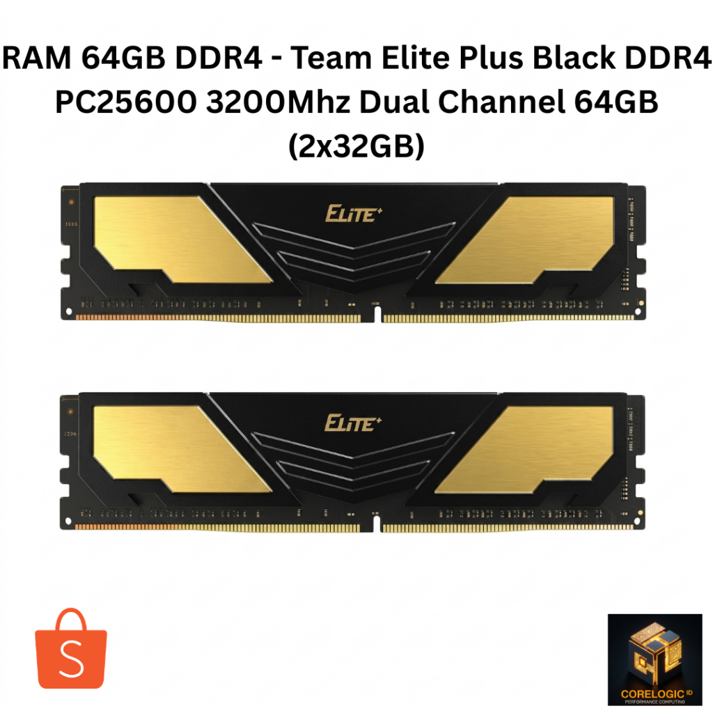 RAM 64GB DDR4 - Team Elite Plus Black DDR4 PC25600 3200Mhz Dual Channel 64GB (2x32GB)