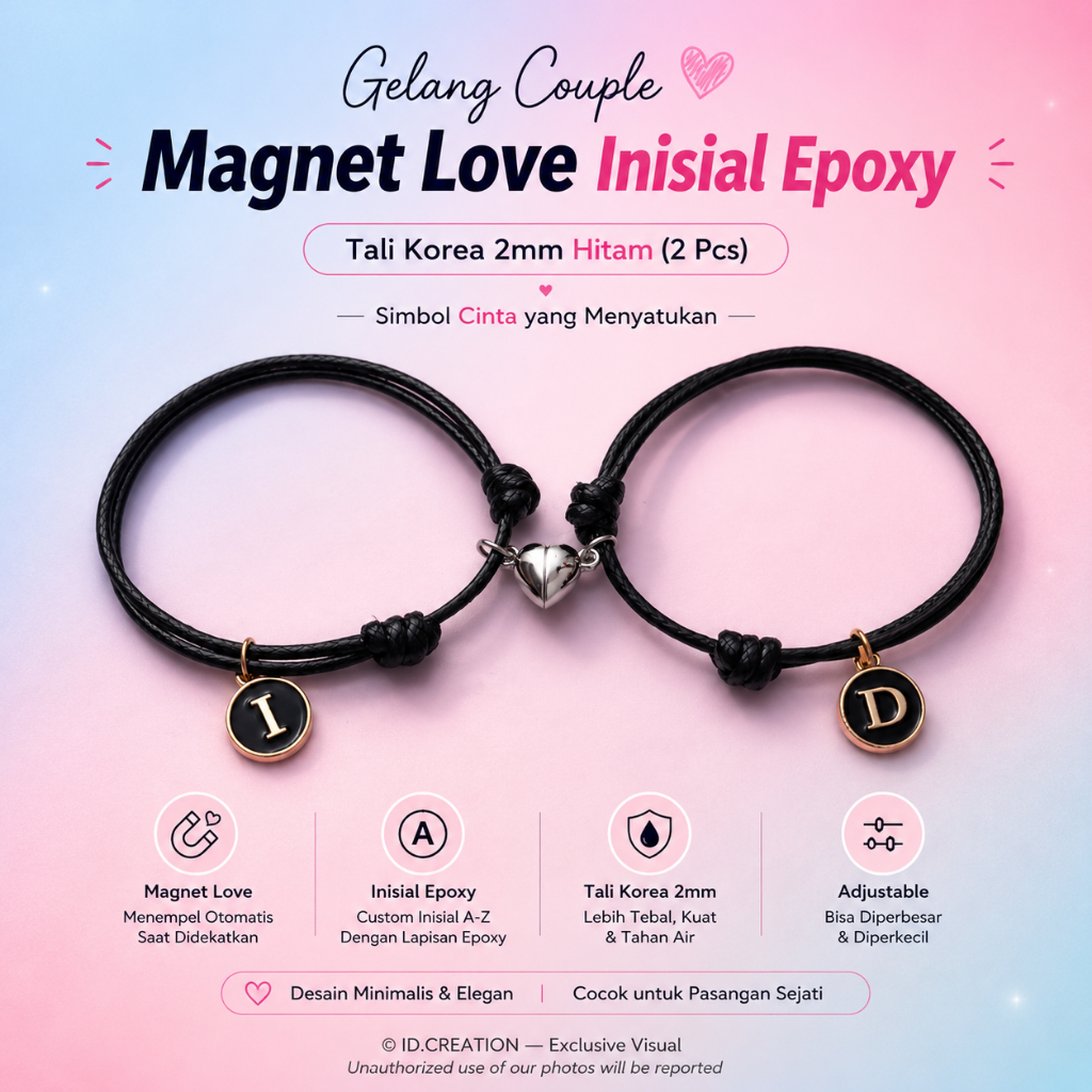Gelang Couple Magnet Love Inisial Charm Enamel Epoxy - Tali Korea 2mm (2 Pcs)