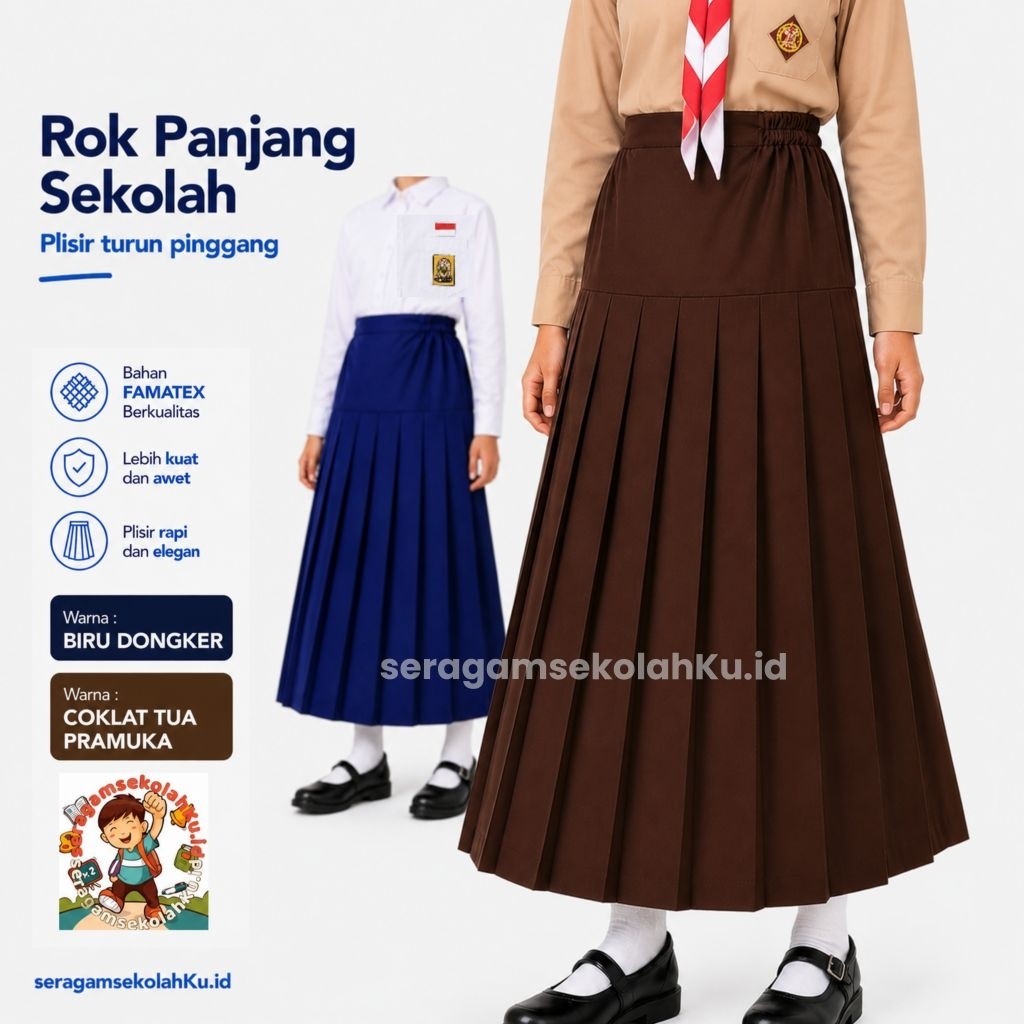Rok Panjang Sekolah Turun Pinggang Seragam Coklat Pramuka dan Biru Dongker Pinggang Karet