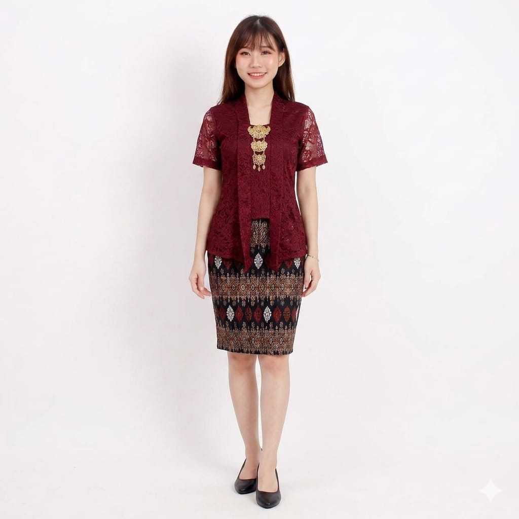 SETELAN BAJU KEBAYA KUTUBARU BROKAT LENGAN PENDEK MIX ROK PLISKET PENDEK MINI MODERN