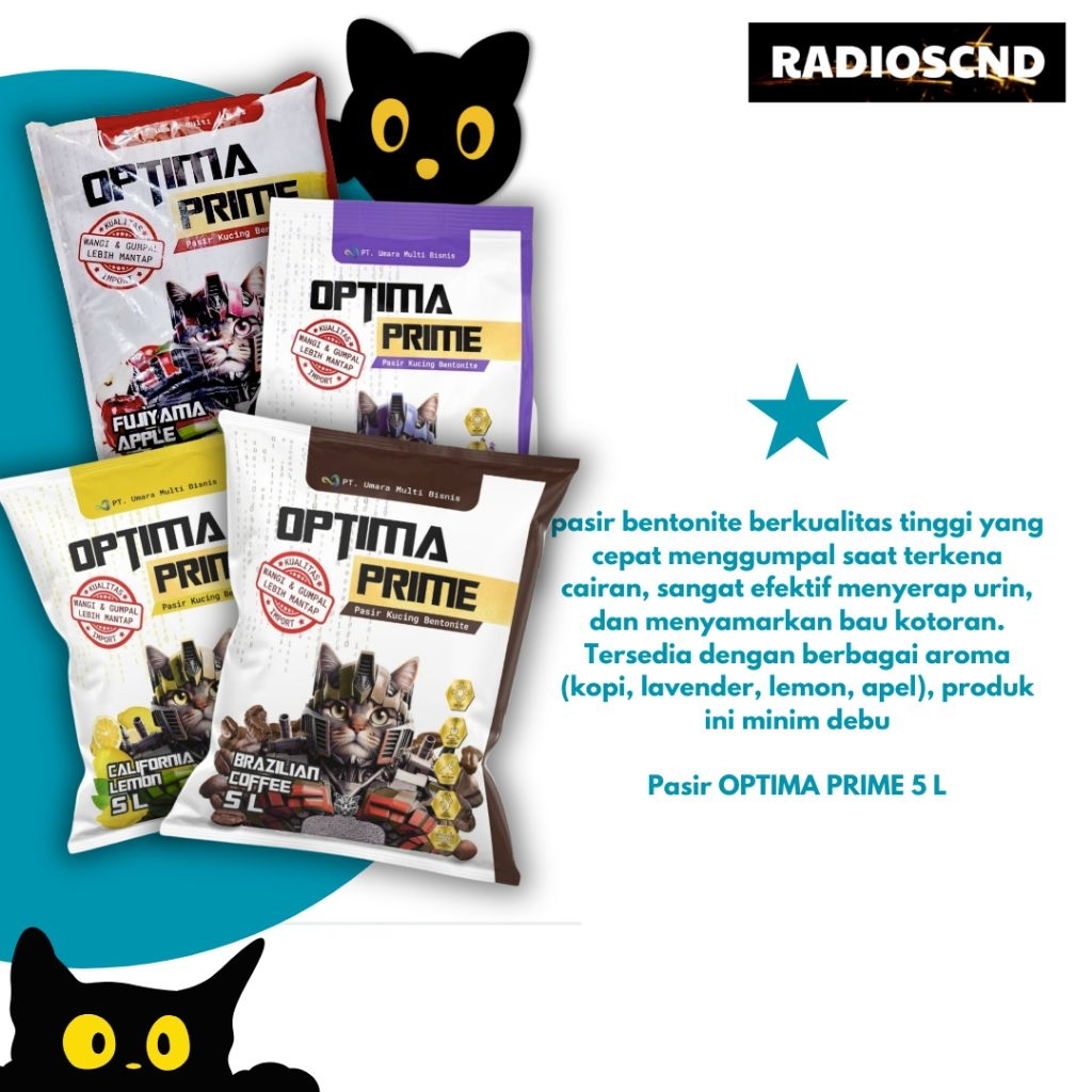 Pasir Kucing Gumpal Wangi - Optima Prime 5 L dan 10 L - Aroma Kopi, Lavender, Apel, Lemon