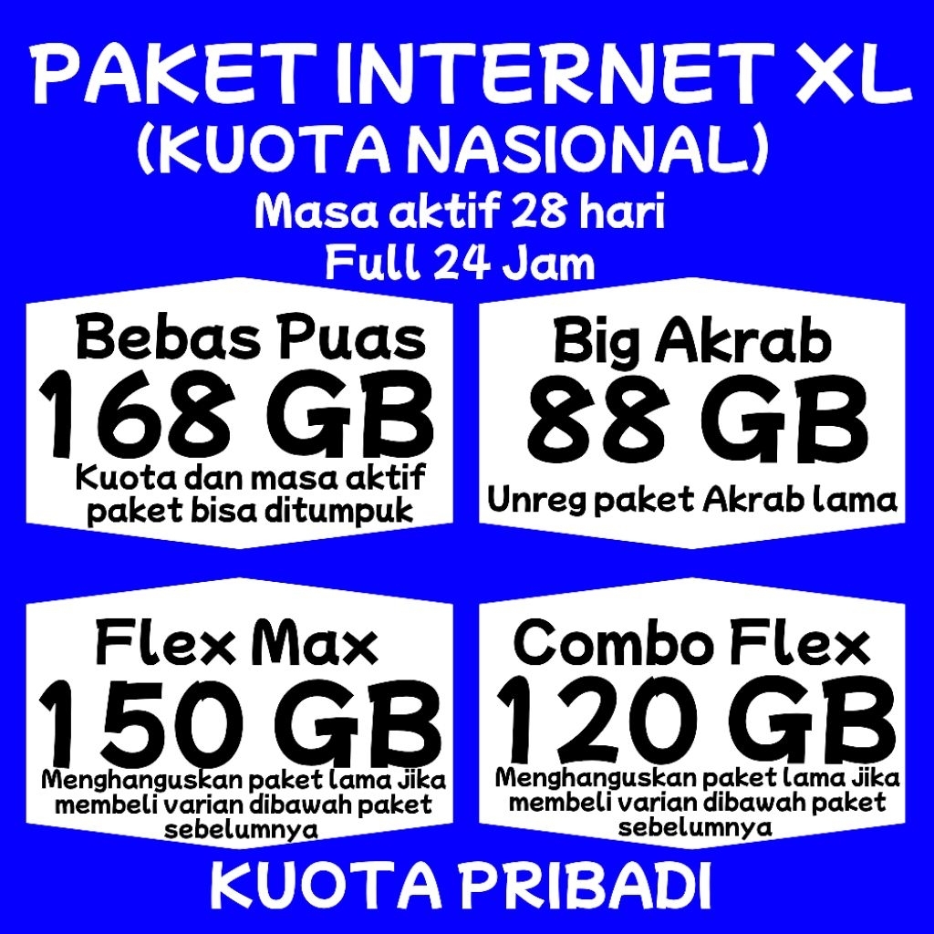 Paket Internet isi ulang kuota XL Bebas Puas 90 GB dan 270 GB 30 hari full 24 jam tanpa pembagian ku
