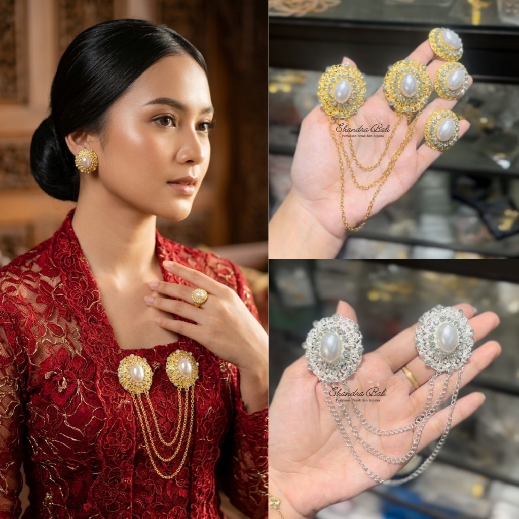Shandra Bali - Set Bros Mutiara Oval Tania Pin Aksesoris Perhiasan Baju Adat Kebaya Hijab Alpaka Ant