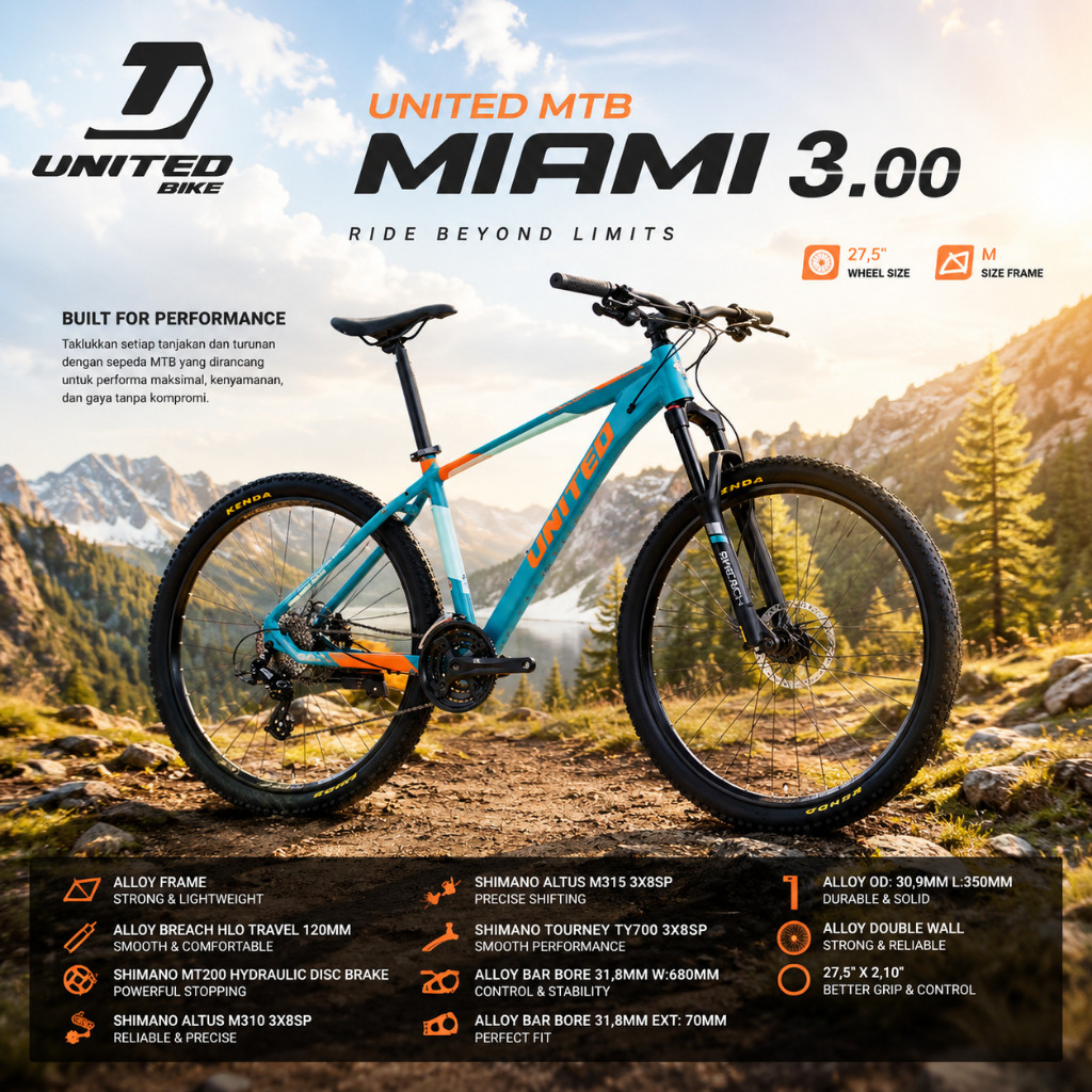 Sepeda Gunung MTB United Miami 3.00 27.5" Alloy Shimano 24 Speed