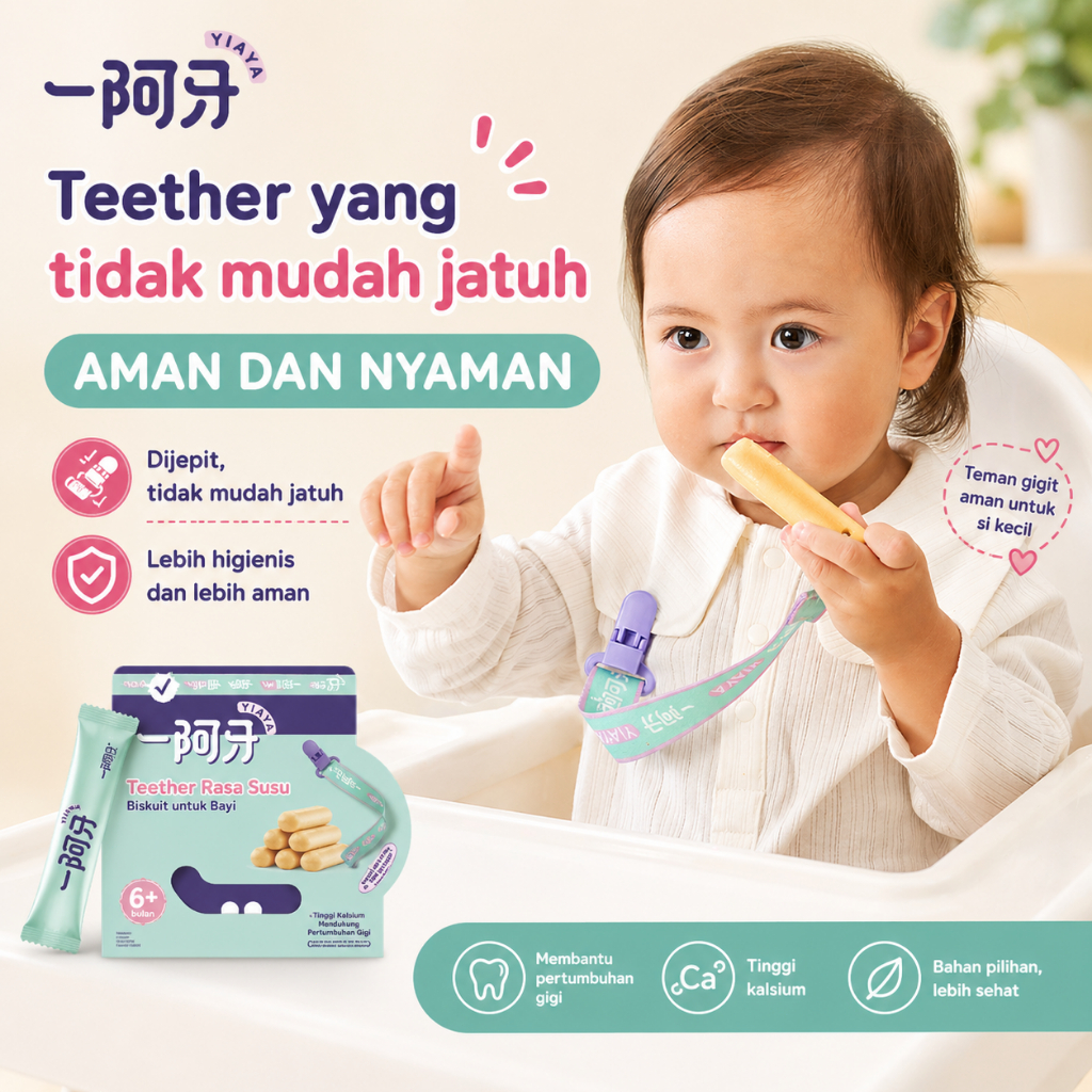 YIAYA Cemilan Teether Stick Biskuit Gigitan Bayi Anti Jatuh + Strap Holder Snack Bayi Tinggi Kalsium