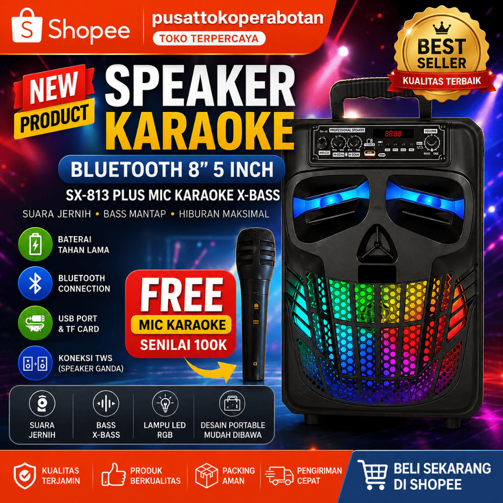 Speaker Bluetooth Karaoke SX-813 Plus Mic USB 8 Inch Super Bass 300W LED Display