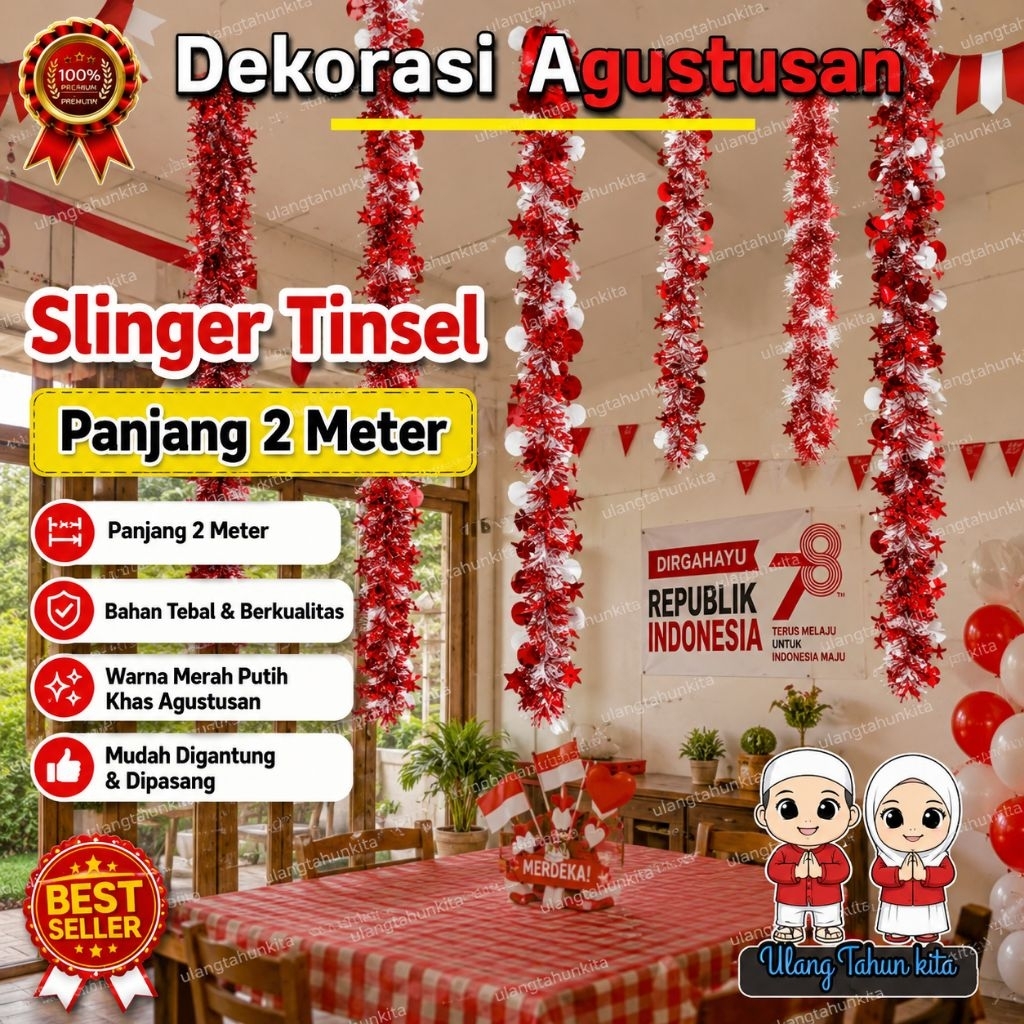 (2 meter) Dekorasi Slinger Agustusan,Tinsel Bendera Agustusan,Slinger Bendera Agustusan, Dekorasi Me