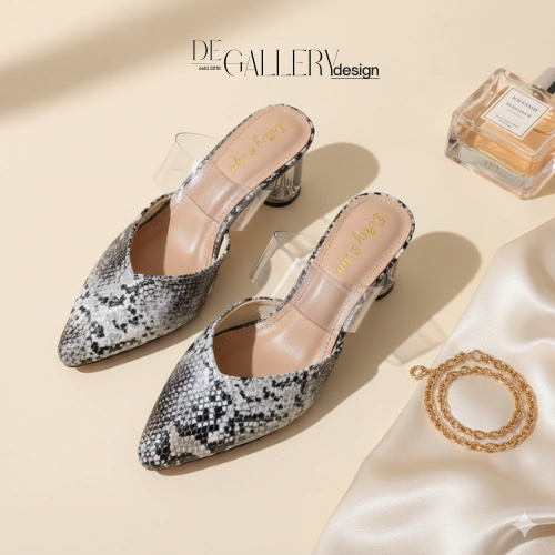 Marion Zola - Mules Wanita Motif Kulit Ular Hak 5cm • Sandal Mules Block Heels Elegan Nyaman Kerja –