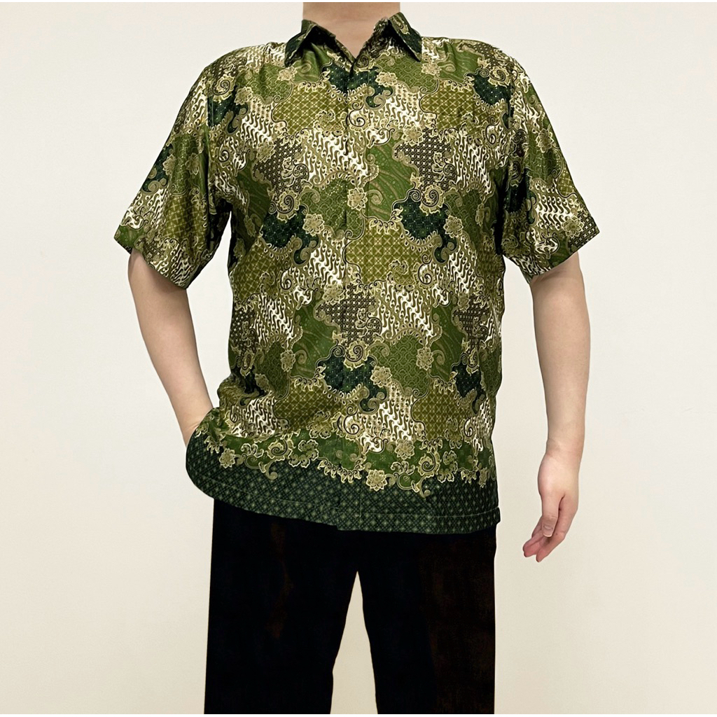 Baju Batik Shirt Lengan Pendek Pria (Army Olive Green Hijau Ijo)