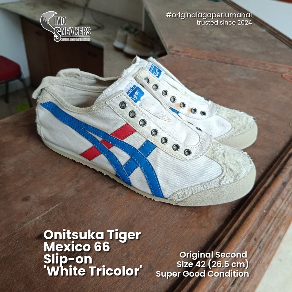 Onitsuka Tiger Mexico 66 Slip-on Putih Biru Merah Sepatu Sneakers Original