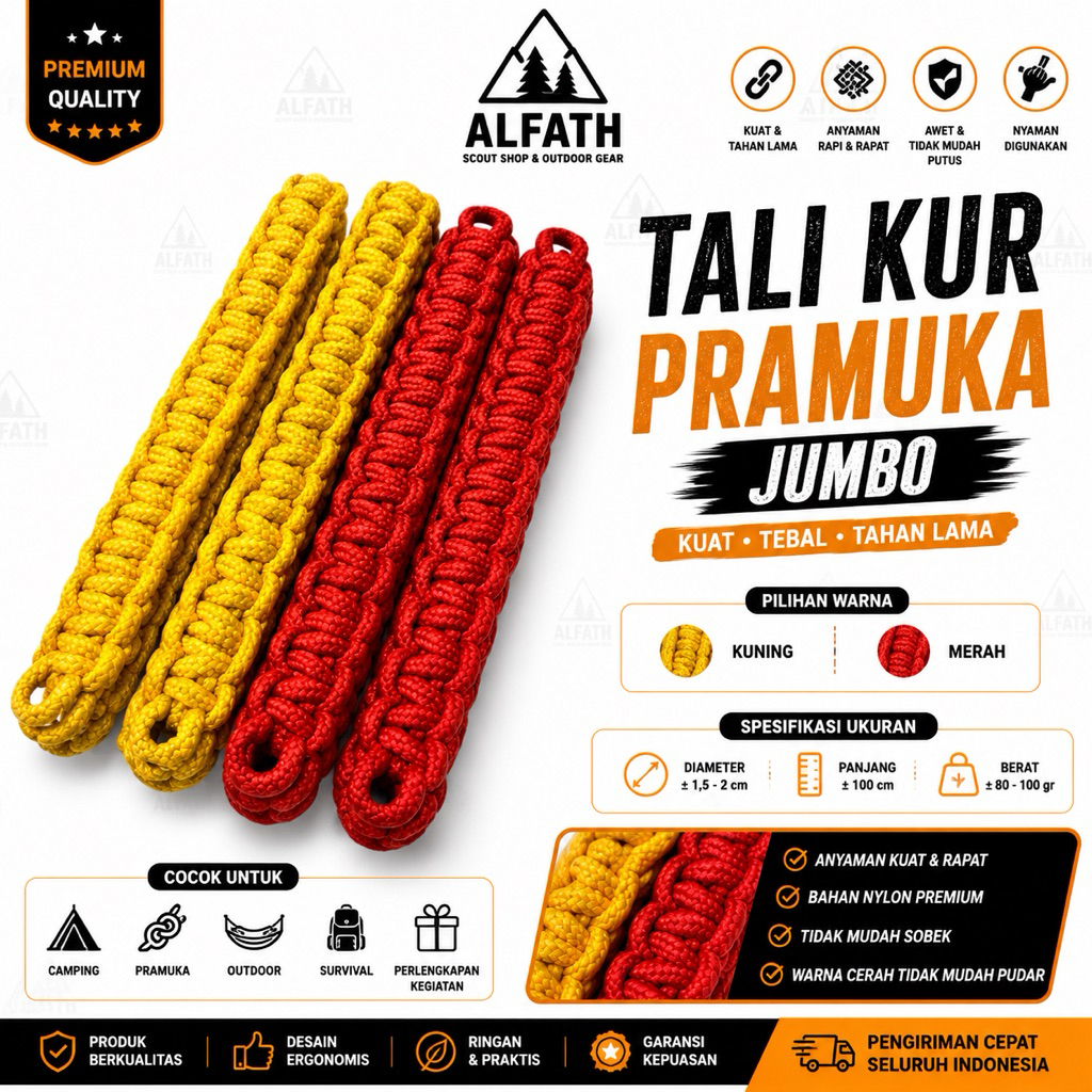 Tali Kur Pramuka Merah Kuning Hijau jumbo - Tali Peluit Besar, Bahan Nylon Kuat, Tersedia Tali Saja
