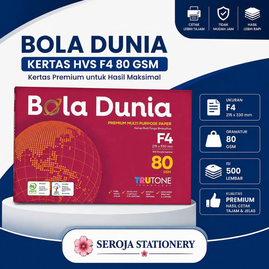 Kertas HVS F4 80 GSM Bola Dunia 1 Rim / 500 Lembar