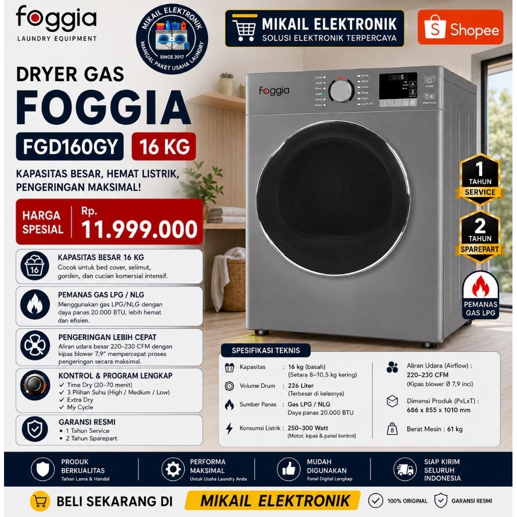 MESIN PENGERING DRYER LAUNDRY FOGGIA 16 KG KOMERISIL