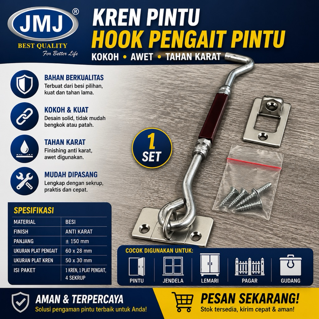 Hak Angin Segi 8” JMJ Mahoni Maroon | Hak Minimalis Segi | Hak Angin Penahan Jendela | Window Hook 8